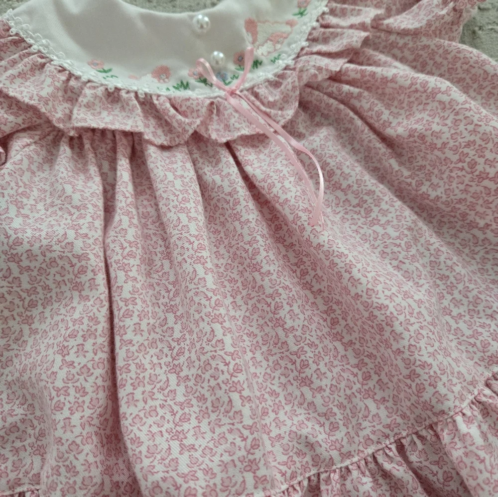 Vintage 1980s-1990s Pink Ruffled Baby Dress And Bloomers Set